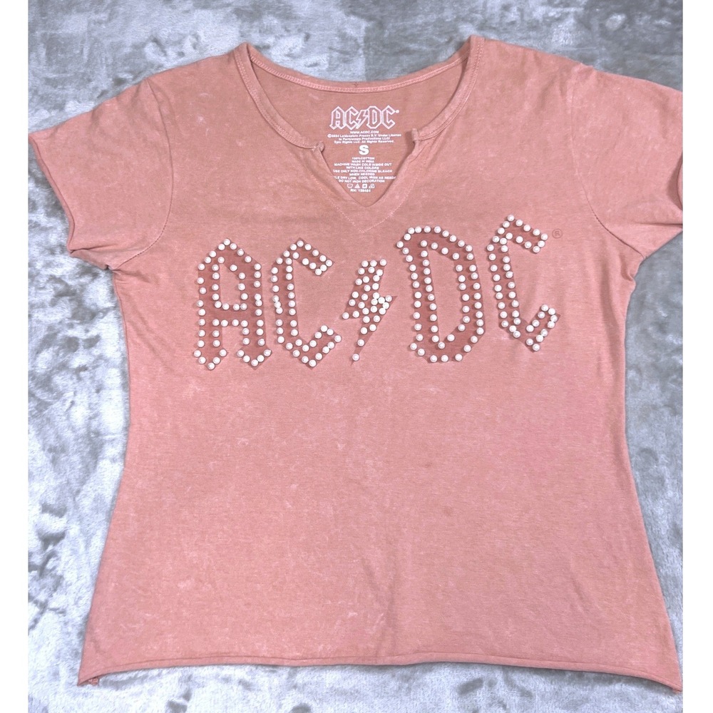 AC/DC Pearl Logo Tee Women's 'S' Dusty Rose‎ Washed Y2K Grunge Rock Band